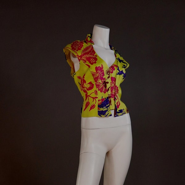 Christian Lacroix silk corset top with chinoiserie inspired floral - vintage designer chartreuse bustier top with bold pattern