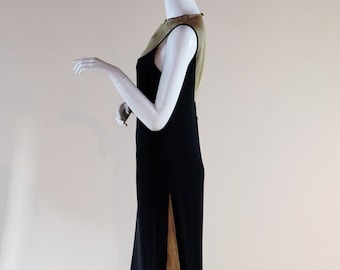 1990s Jean Paul Gaultier Classique dress with sheer silk inserts - designer vintage minimalist dress with olive peach slip & black overlay