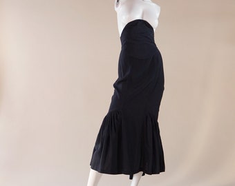 1980s Norma Kamali skirt with romantic ruched back - high-waisted designer skirt with large circle at top and fishtail bottom with wrap-ties