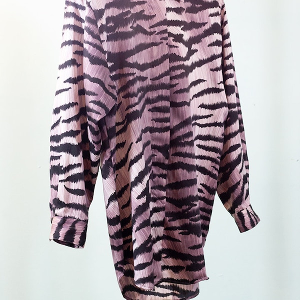 vintage DVF animal print blouse - designer 1980s tiger print lilac and black Diane Von Furstenberg shirt