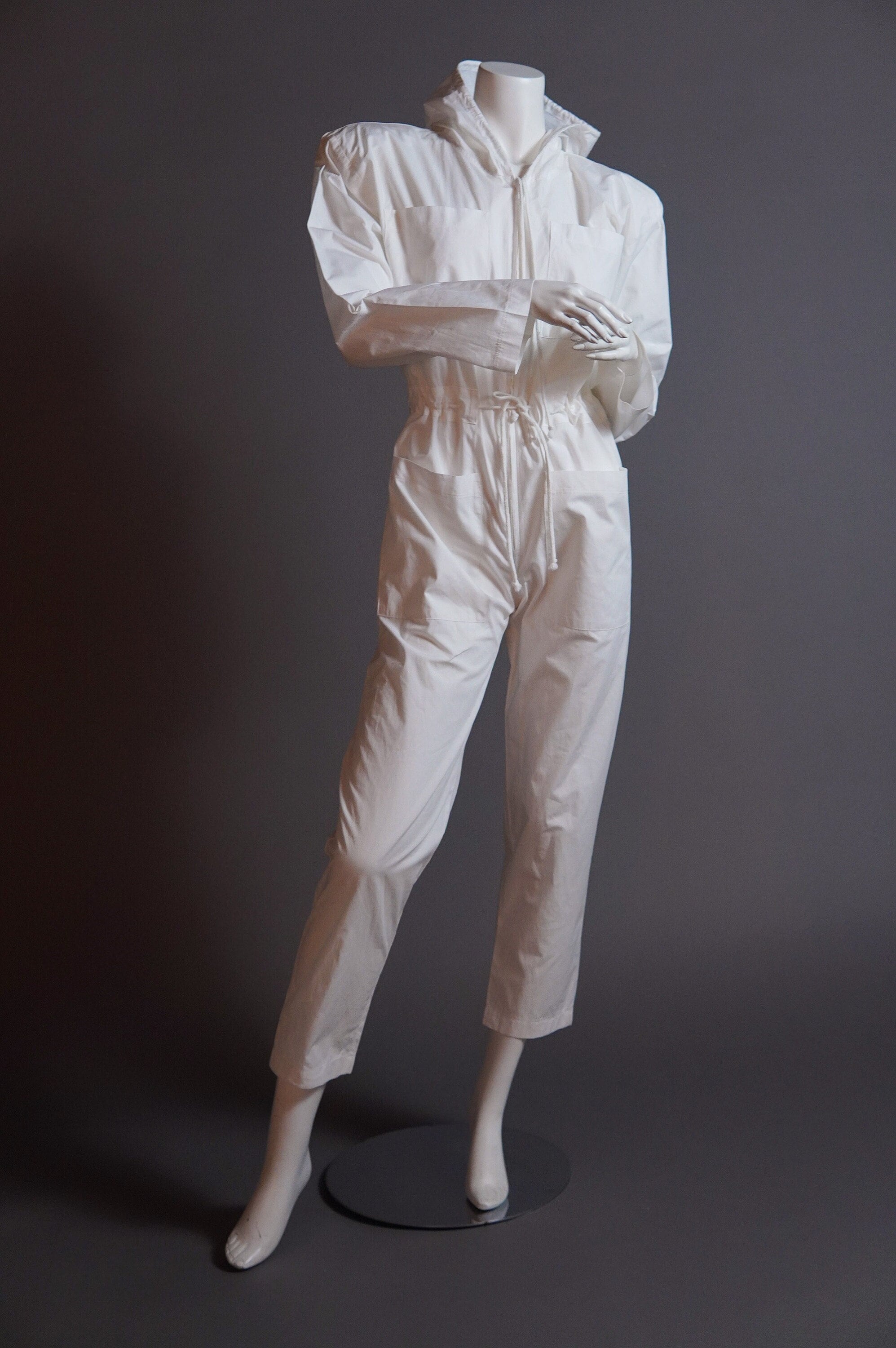 1980s Norma Kamali white boilersuit with oversized hood - vintage designer cotton jumpsuit with drawstring waist