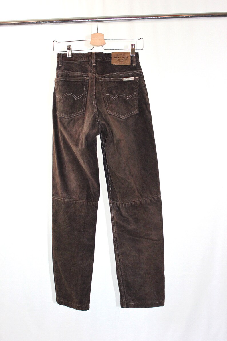 vintage brown suede pant with contrast stitching classic lined authentic suede leather pant cut like a high-waisted jean image 4