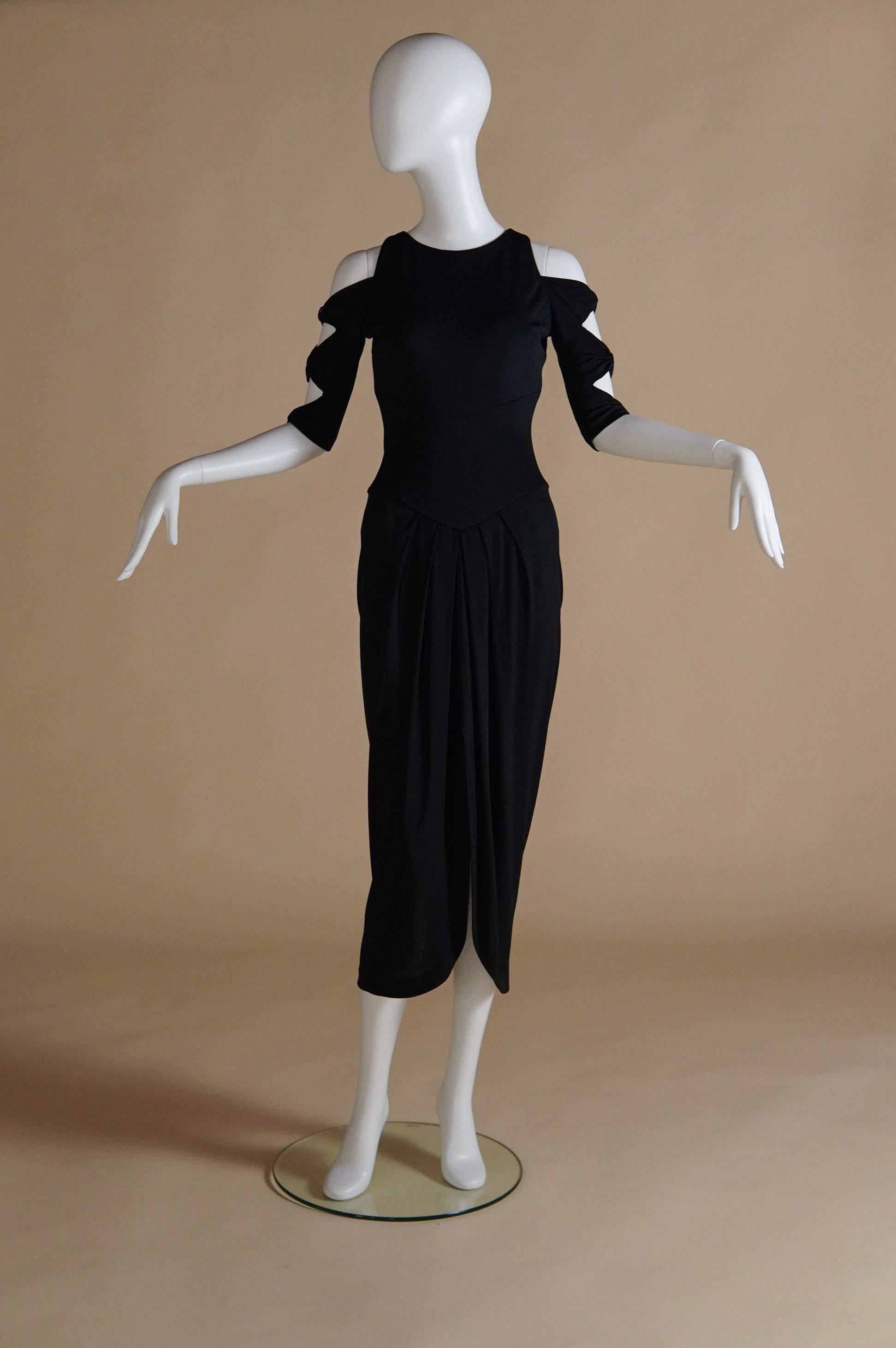 1980s Vicky Tiel Couture black dress with cut-out sleeves and open back with tulip skirt