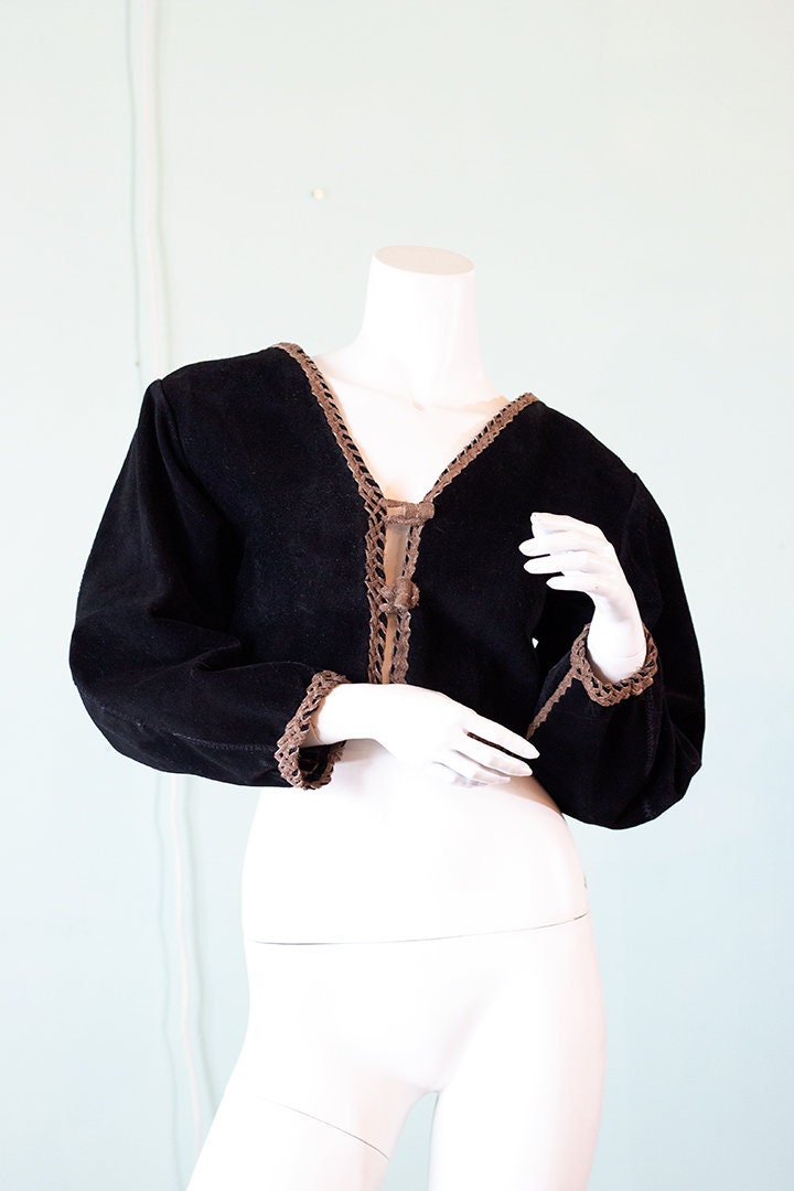 1970s raw suede bolero - black cropped fit top and/or jacket with olive suede lacing trim