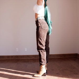 vintage brown suede pant with contrast stitching classic lined authentic suede leather pant cut like a high-waisted jean image 9