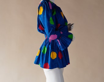 S/S 1988 Yves Saint Laurent Rive Gauche runway polka dot blue peplum top/dress with rainbow spots