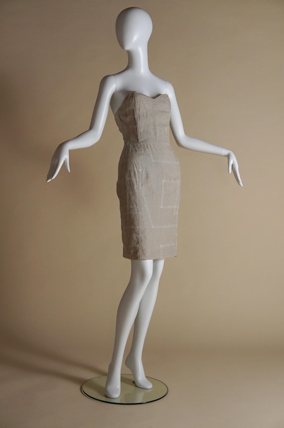 1980s Patrick Kelly bustier corset dress in beige linen with white contrast top-stitch design