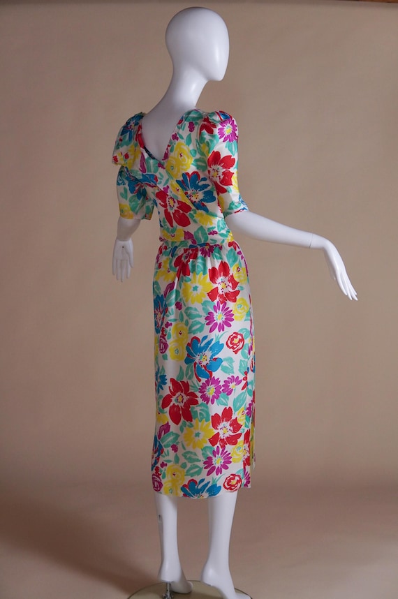 Balmain, 1980s Pierre Balmain silk bright floral midi dress with puff sleeve and subtle draping