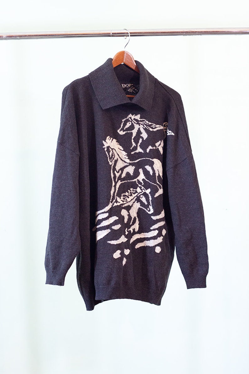 vintage Escada wool sweater with horses 1990s designer wool sweater with cashmere and silk design image 2