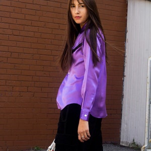 deconstructed Comme des Garçons satin shirt designer purple shirt with black ruffle detail image 3