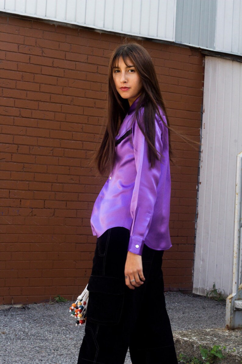 deconstructed Comme des Garçons satin shirt designer purple shirt with black ruffle detail image 3