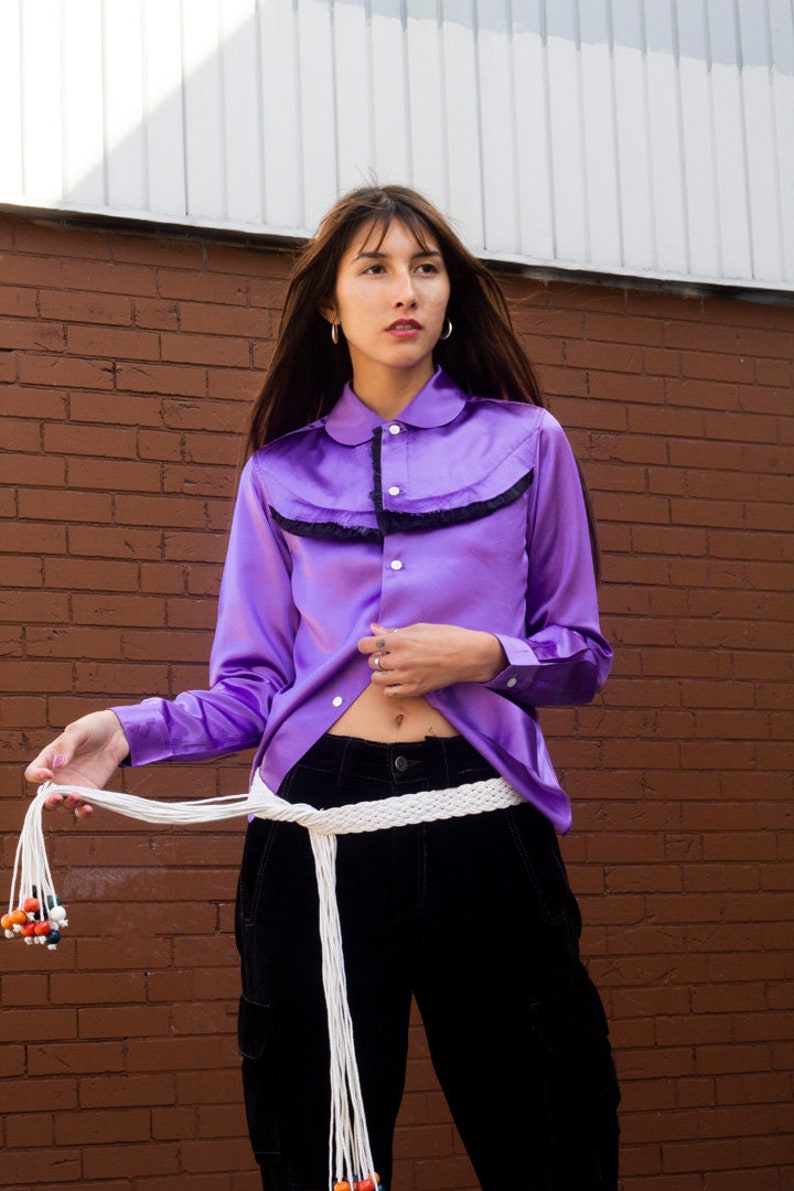 deconstructed Comme des Garçons satin shirt designer purple shirt with black ruffle detail image 1