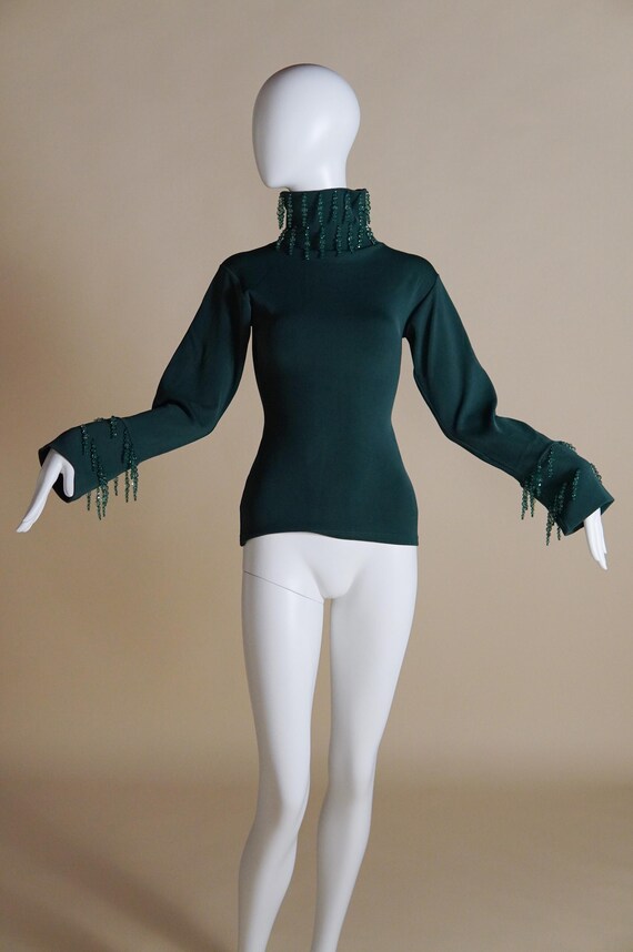 1990s Liza Bruce Green Funnel Neck Top With Hanging Crystal Embellishments - Etsy 1990s Liza Bruce Green Funnel Neck Top With Hanging Crystal Embellishments - Etsy