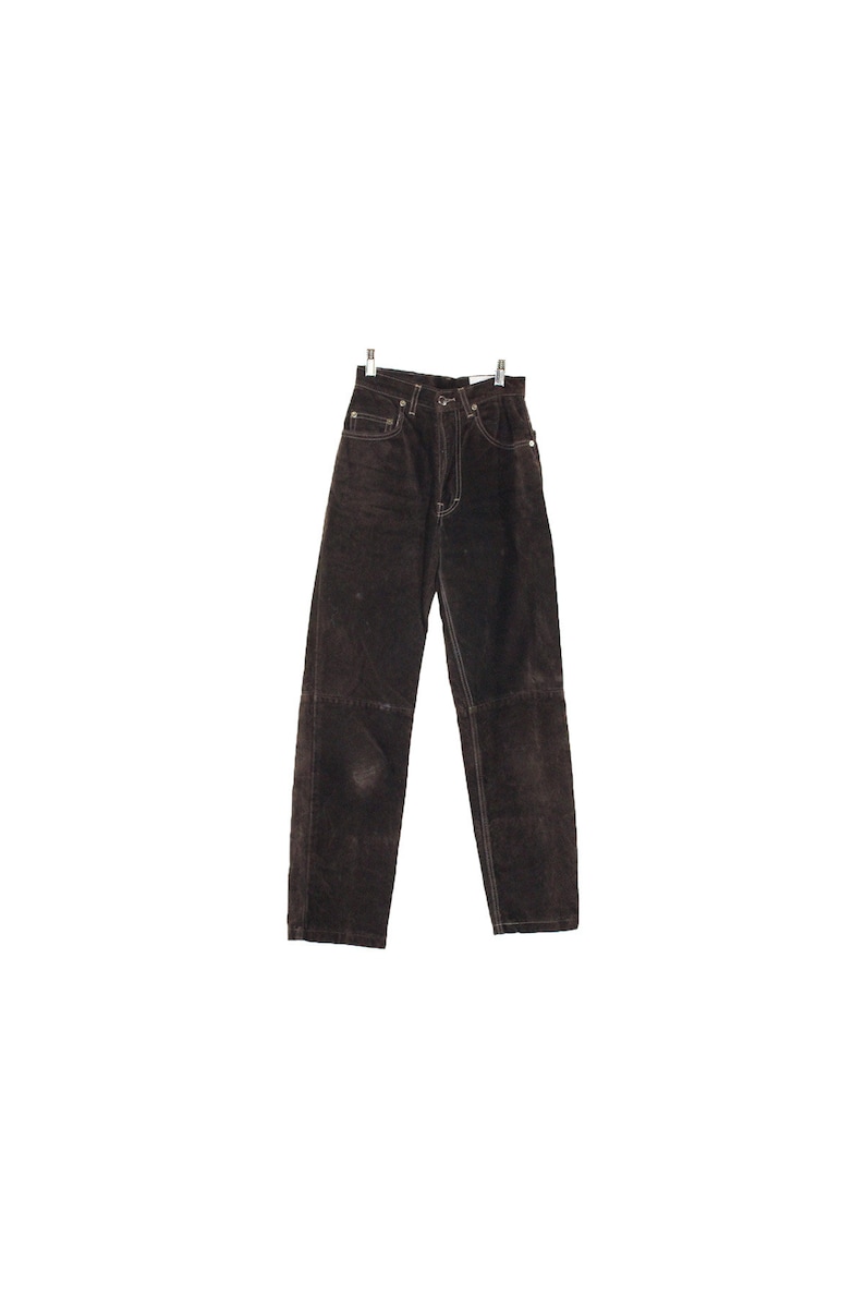 vintage brown suede pant with contrast stitching classic lined authentic suede leather pant cut like a high-waisted jean image 2