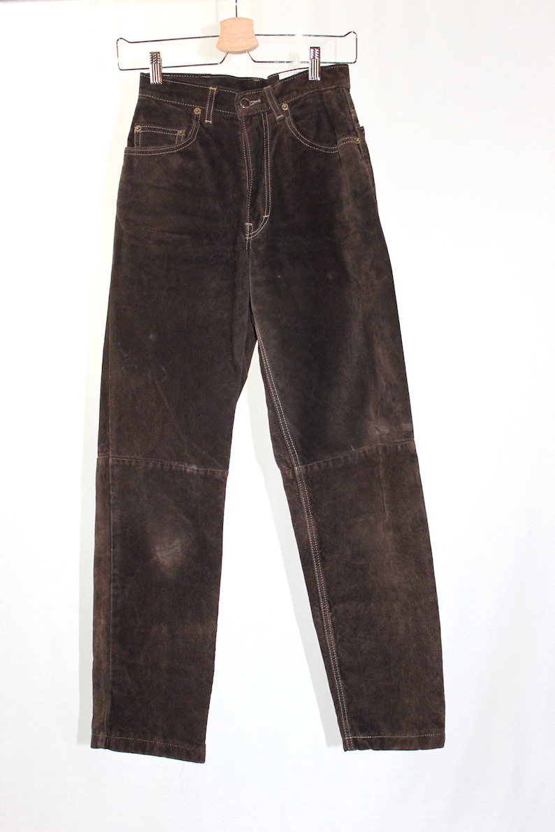 vintage brown suede pant with contrast stitching classic lined authentic suede leather pant cut like a high-waisted jean image 3