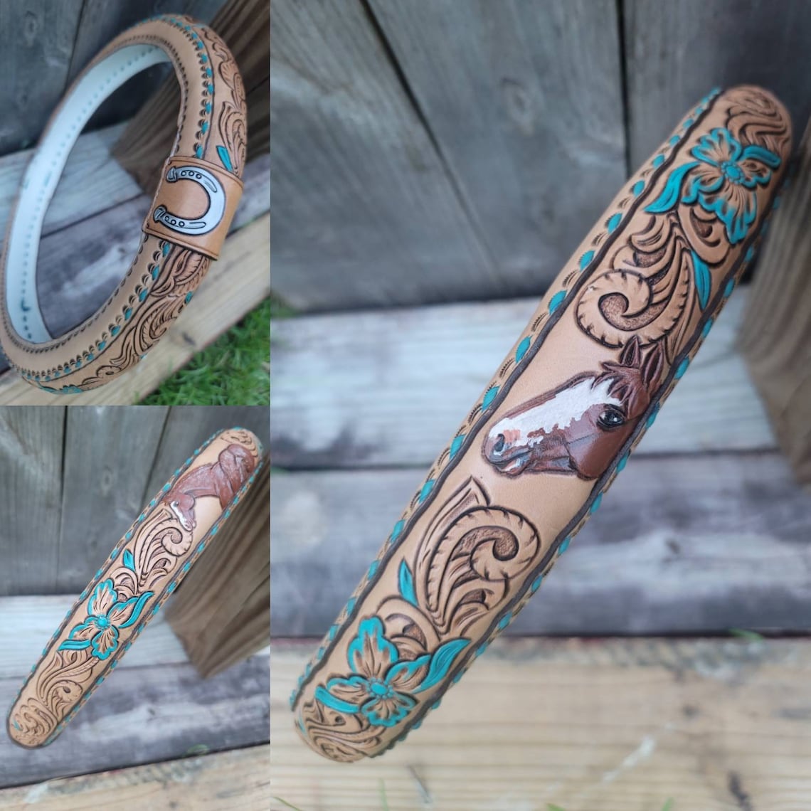 Custom tooled leather steering wheel cover. Standard size Etsy