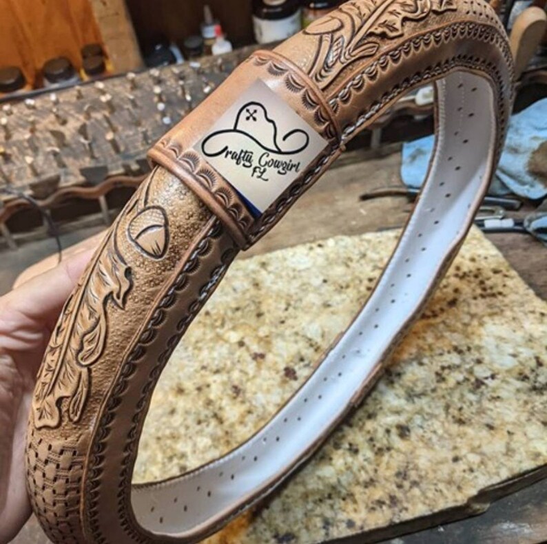 Custom tooled leather steering wheel cover Etsy
