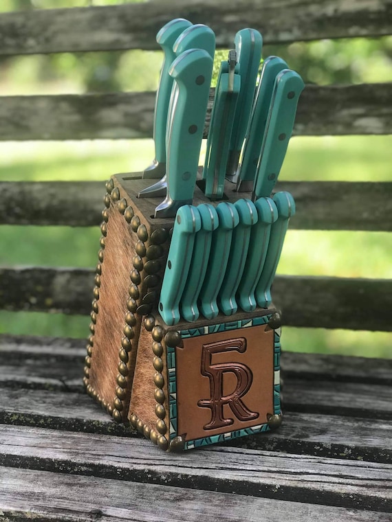 Knife Set Custom Tooled Leather Cow Hide Block 