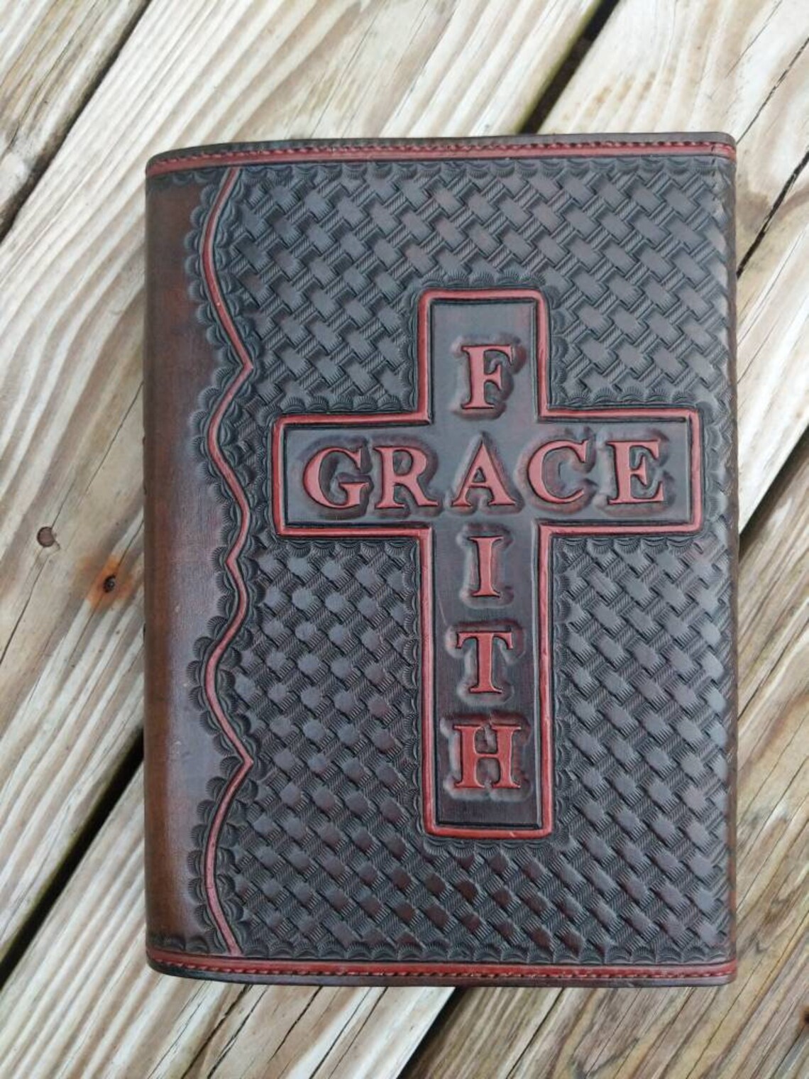Leather bible cover/holder custom tooled design Etsy