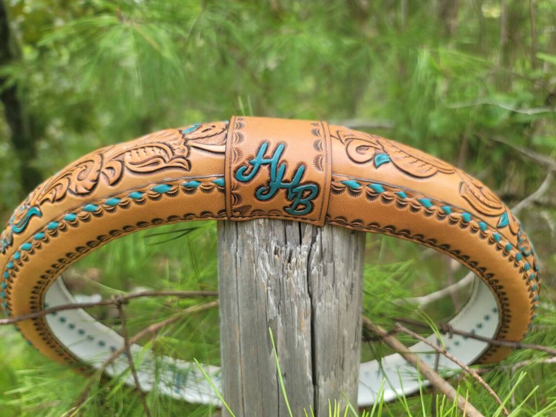 Custom tooled leather steering wheel cover. Standard size | Etsy