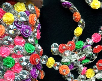 Multi Color Roses Crystal Rhinestone Banding Trim Strand  - Trim Chain Roll Decoration ships from USA-