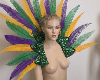 Mardi Gras Feather Collar: Rainbow Rhinestone Epaulettes, Carnival Costume