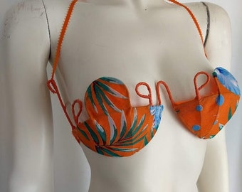 Orange Tropical Print Novelty Bikini Top - Unique Festival Bra Top