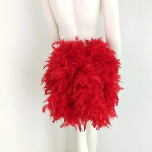 May include: A red feather skirt. The skirt is made of fluffy feathers and is a bright red color.