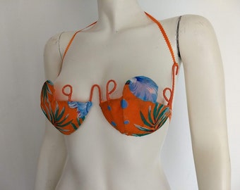 Bra Ready Covered Wire  Frame Ready  Size 34 36  B C   Hand Made  Made in USA  Red Color Fabric Carnival Bra