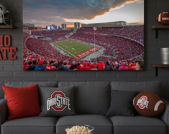 May include: A large framed canvas print of a packed football stadium at sunset. The field is green with white yard lines and the words "OHIO STATE" in the end zone. A gray couch has red and gray pillows and a football.