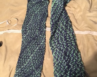 Green and purple knitted handmade scarf