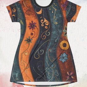 Women’s T-Shirt Dress – Retro 60s Floral Print, Groovy Garden Boho Style