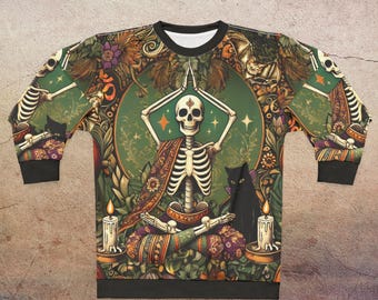 Unisex Sweatshirt – Yoga Pose Skeleton Design, Halloween AOP Crewneck