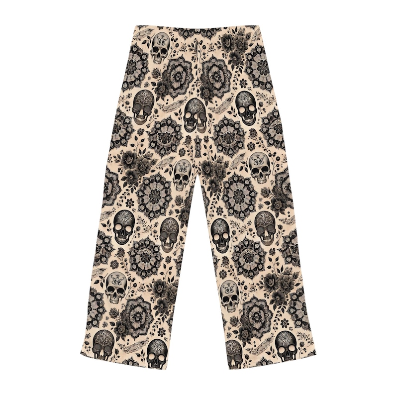 Pantalones de pijama para mujer: diseño de calaveras de Halloween, ropa de estar por casa de poliéster de corte holgado. imagen 7