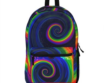 May include: A backpack featuring a vibrant, multi-colored spiral pattern against a dark background. The design includes swirling bands of red, orange, yellow, green, blue, and purple. It has a black top handle, a front zippered pocket, and side mesh.