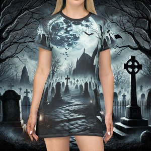 Vestido estilo camiseta para mujer: diseño de cementerio de Halloween, estilo fiesta AOP