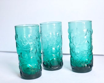 Vintage Green Glass Tumblers, Set of 3
