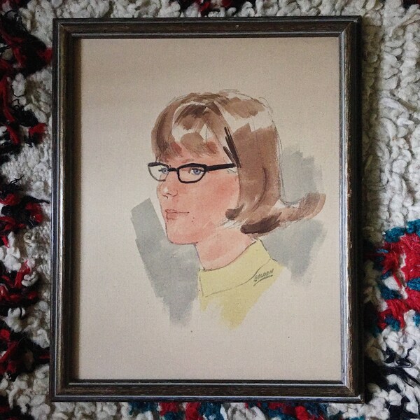 Vintage Watercolor Portrait Painting, Retro Girl Portrait 1960s Decor, Original Art by Selden