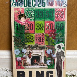 Tarjeta de diario basura de bingo vintage con forma de ángel de chimenea navideña