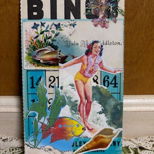 Tarjeta de diario basura de bingo vintage de chica surfista