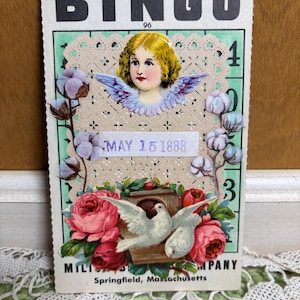 Tarjeta de diario basura de bingo vintage con diseño floral de ángel morado victoriano