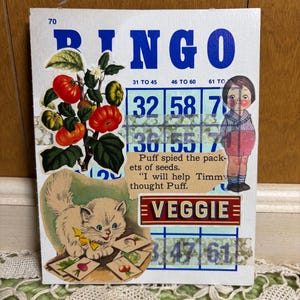 Tarjeta de Bingo Junk Journal: Gatito y verduras azules