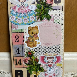 Tarjeta de diario basura de bingo vintage con osito de peluche rosa de San Valentín