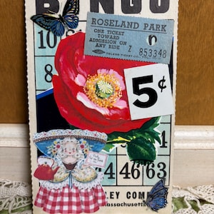 Tarjeta de diario basura de bingo vintage roja, blanca y azul