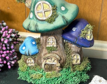 Hand Painted Triple Mushroom House Cottage Core Fairy Garden Figurine
