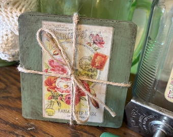 Dessous de verre en paquet de graines victoriennes d'inspiration vintage en bois fait main