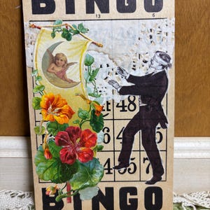 Tarjeta de diario basura de bingo vintage con ángel con los ojos vendados, estilo victoriano