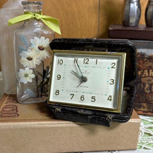 RARE Vintage Rensie Travel Alarm Clock Leather Suitcase Clamshell GERMANY
