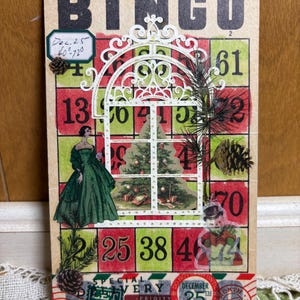 Tarjeta de diario basura de bingo vintage con árbol de Navidad verde elegante