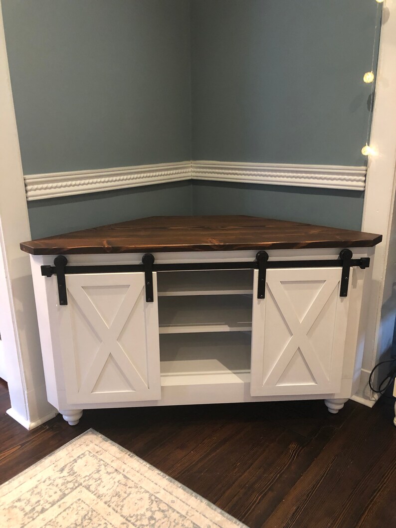 Tv Console Corner Entertainment Stand Rustic Wood Image 0